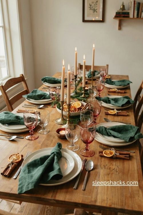 Dried orange slices and cinnamon stick napkin accents for a cozy christmas table