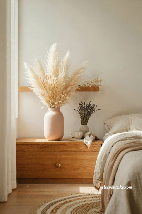 Dried pampas grass and botanical stems in ceramic vase on a cream bedroom dresser