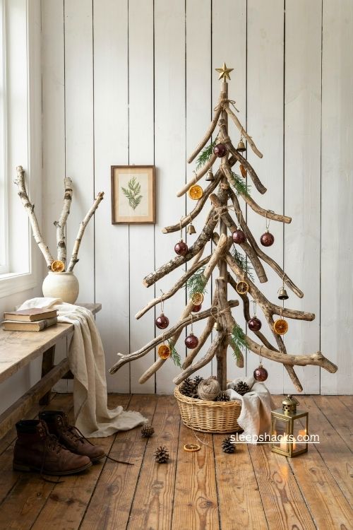 Driftwood and branch christmas tree with dried oranges and rustic woodland holiday decor 