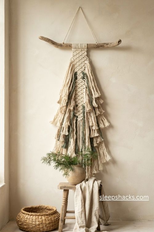 Driftwood macrame Christmas tree wall hanging with natural cotton fringe in a cozy coastal farmhouse