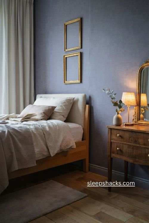 Dusky purple bedroom with gold hardware brass lamps and warm cozy accents