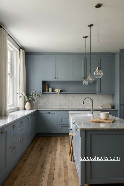 Dusty blue gray kitchen cabinets with veined marble countertops and white subway tile