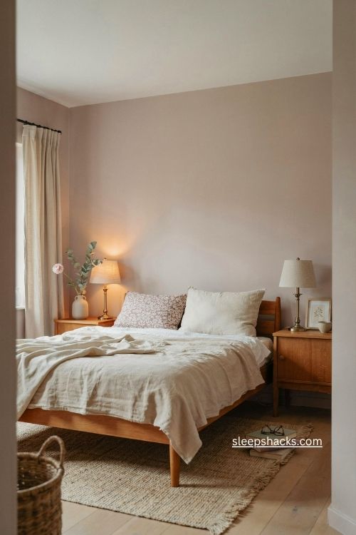 Dusty pink bedroom colour ideas with warm wood cream linen and brass lamps
