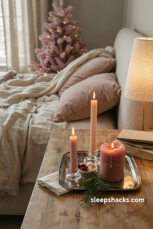 Dusty pink candles on a mirrored nightstand tray with warm glowing lights and cozy christmas bedroom accents