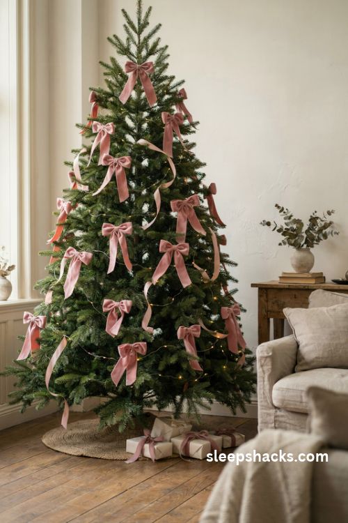 Dusty pink christmas tree with matching velvet bows and flowing ribbon tails