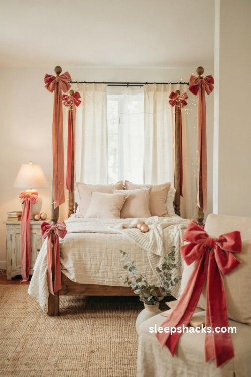 Dusty rose and hot pink velvet christmas bows on bedposts lamps curtains and a cozy reading chair