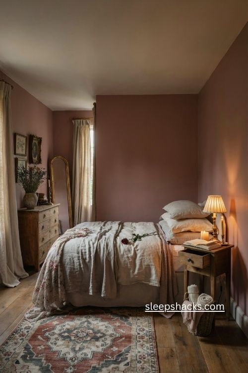 Dusty rose bedroom ideas with vintage frames cream bedding and romantic decor