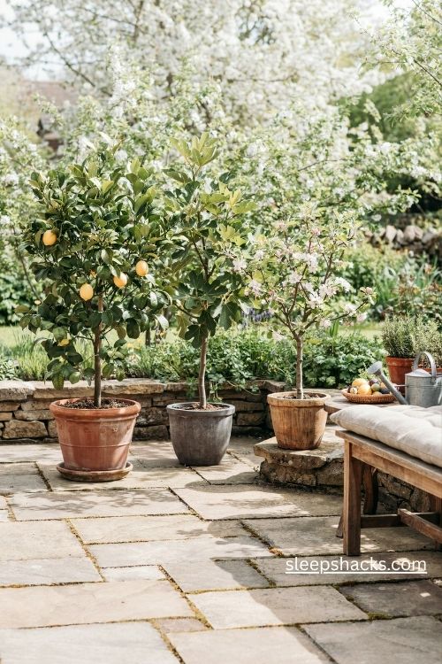 Dwarf fruit trees in large pots with lemon fig and apple trees on a cozy patio