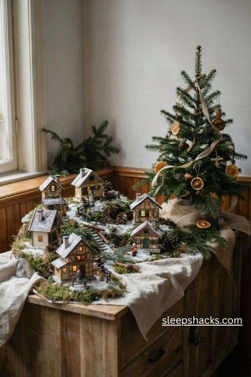 Earthy alpine Christmas village with wooden chalets pinecones and natural linen