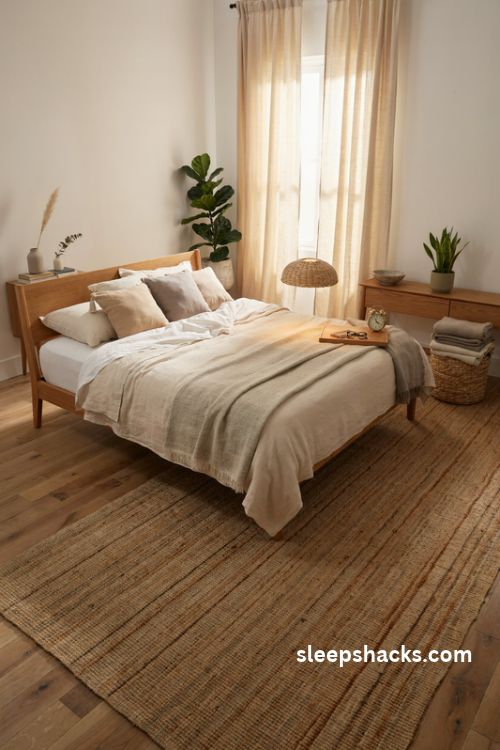 Earthy king bedroom with a natural oak bed rattan pendant jute rug and layered linen textures