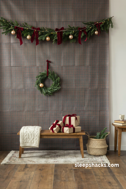 Easy christmas wrapping paper wall backdrop with red plaid and evergreen garland