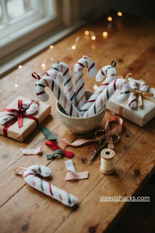 Easy felt candy cane christmas ornaments in red white gold green and blush pink