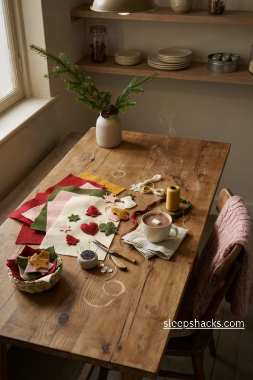 Easy felt christmas ornaments handmade on a cozy wooden crafting table with cocoa and colorful felt sheets