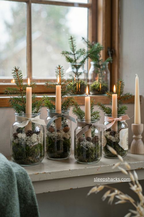 Easy mini jar christmas advent decoration with candles moss and spruce