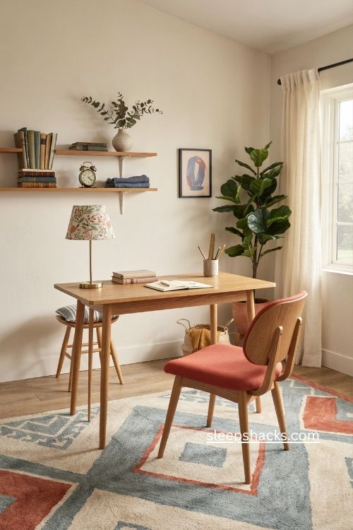 Eclectic colourful home office with coral chair geometric rug and mixed prints