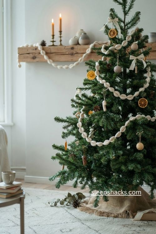 Eco friendly crochet tinsel Christmas garland in soft cream and natural yarn