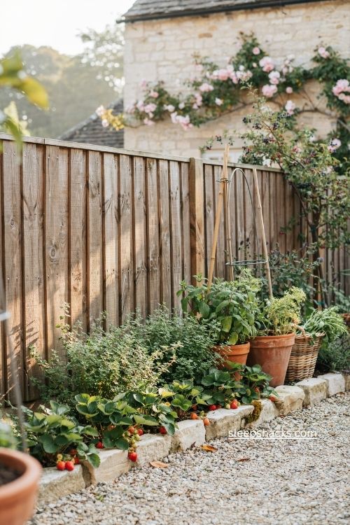 Edible fence line garden with herbs strawberries and berry bushes