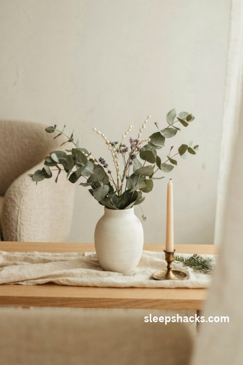 Elegant Christmas eucalyptus arrangement with creamy pearl sprigs and dried lavender