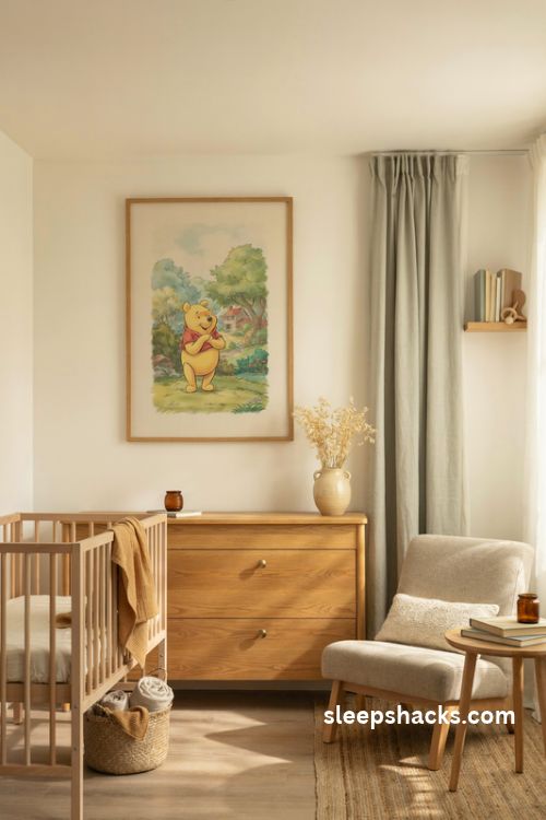 Elegant Winnie the pooh nursery with one statement artwork and calm earthy decor
