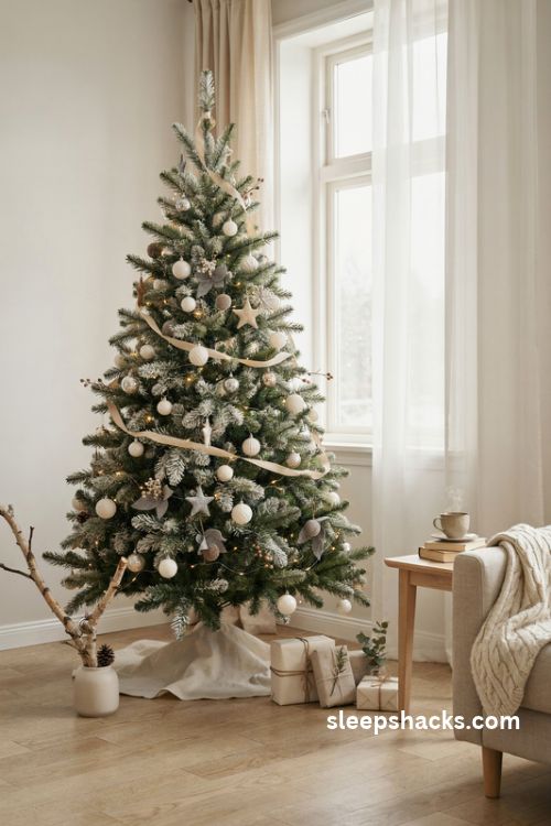 Elegant all white christmas tree with pearl ornaments and warm white lights