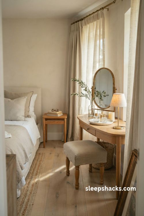 Elegant bedroom dressing corner with an oak vanity table and upholstered stool