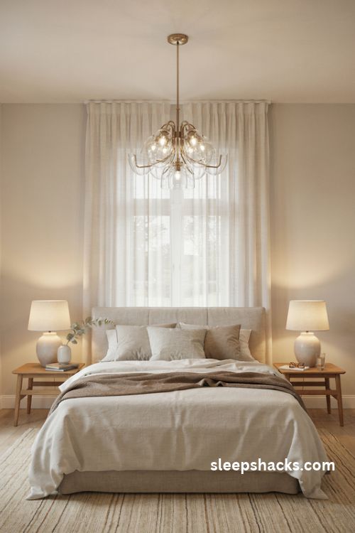Elegant bedroom with a brass and glass statement chandelier above the bed