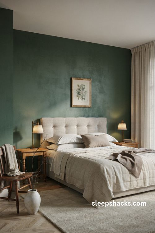 Elegant bedroom with a deep forest green accent wall and warm brass details