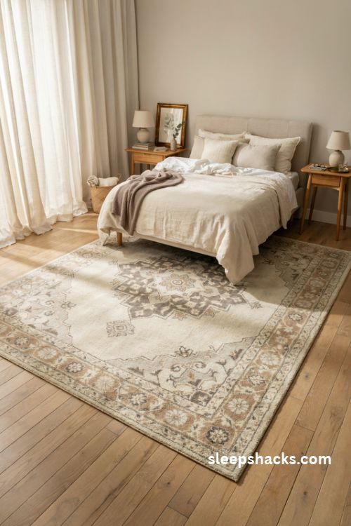 Elegant bedroom with a large plush neutral wool rug under the bed