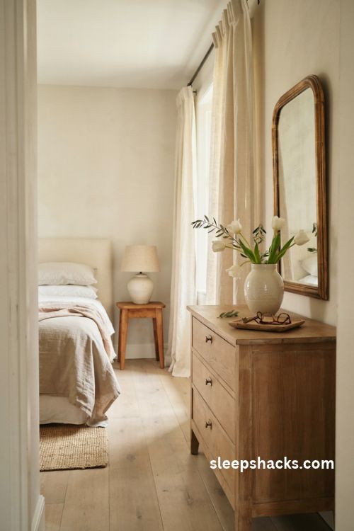 Elegant bedroom with a simple black framed gallery wall above the bed