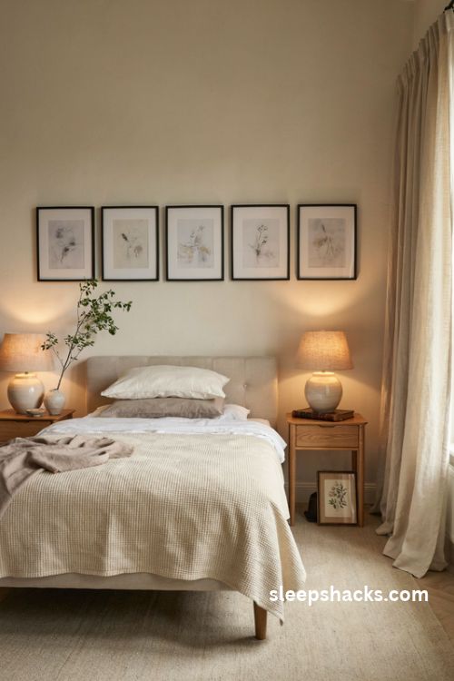 Elegant bedroom with a simple black framed gallery wall above the bed