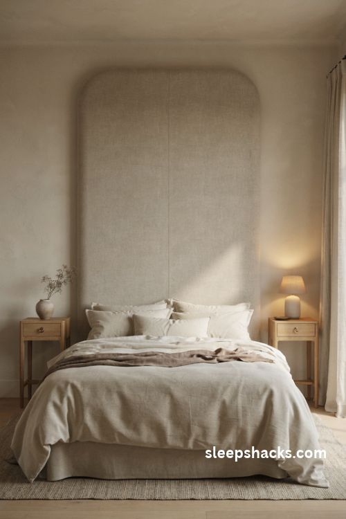 Elegant bedroom with a tall upholstered linen headboard and neutral bedding