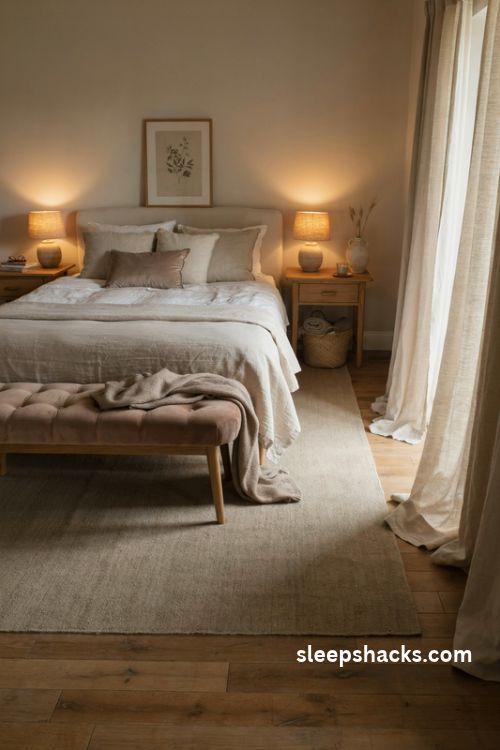 Elegant bedroom with a tufted taupe velvet bench at the foot of the bed