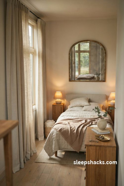 Elegant bedroom with an arched brass mirror reflecting natural window light