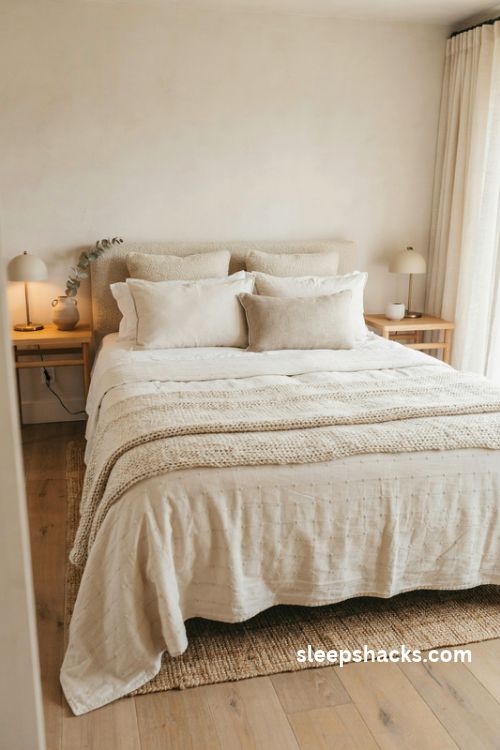 Elegant bedroom with crisp white bedding a quilted coverlet and chunky knit throw