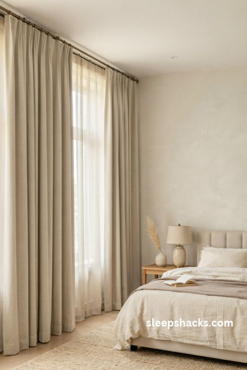 Elegant bedroom with high hung floor length greige curtains and sheer window layers