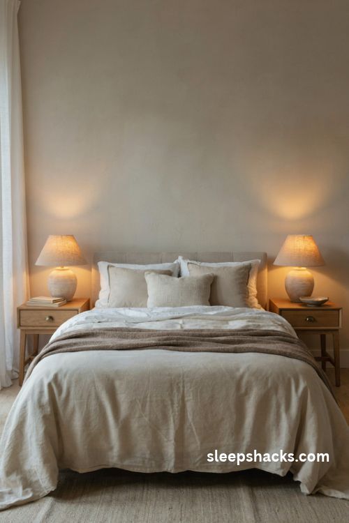 Elegant bedroom with matching ceramic bedside lamps and pleated linen shades