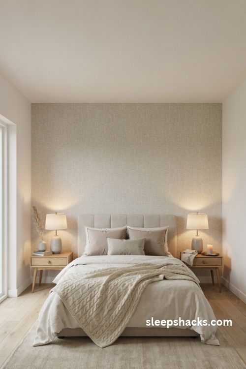 Elegant bedroom with subtle ivory grasscloth wallpaper behind the bed