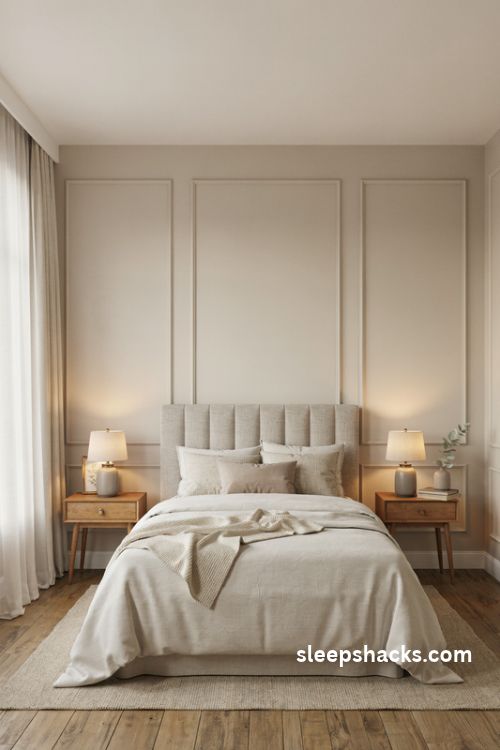 Elegant bedroom with warm greige picture frame wall molding behind the bed