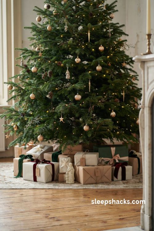 Elegant christmas tree with a generous stack of ivory green and champagne wrapped gifts