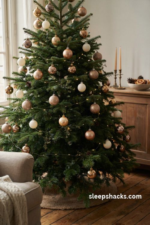 Elegant christmas tree with clustered gold champagne and ivory ornaments