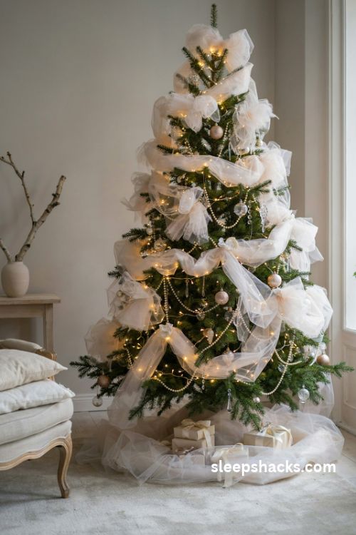 Elegant christmas tree with fluffy ivory tulle garlands pearl ornaments and a matching tulle skirt