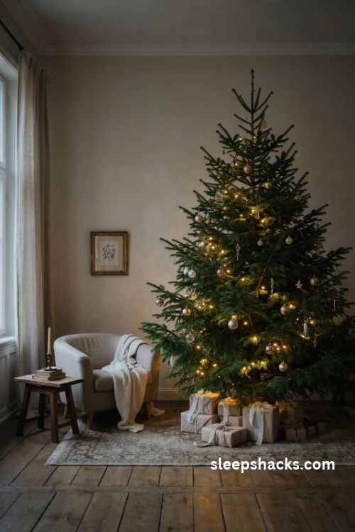 Elegant christmas tree with layered warm white lights and a soft candlelit glow