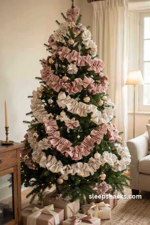 Elegant christmas tree with pleated blush pink and champagne ribbon ruffles