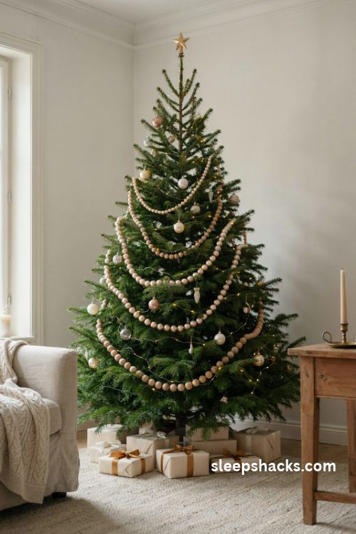 Elegant christmas tree with tiered pearl and gold bead garlands