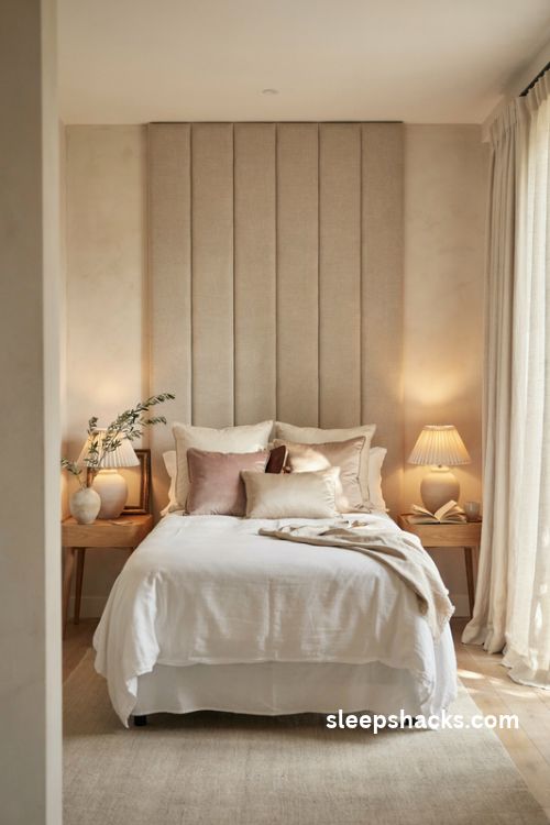 Elegant neutral bedroom with champagne silk pillowcases and blush velvet accents