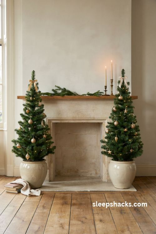 Elegant potted evergreen topiary christmas trees with gold ornaments and ivory ceramic planters