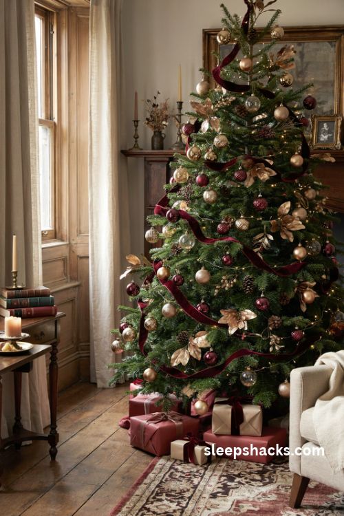 Elegant red and gold christmas tree with burgundy velvet ornaments and antique gilded accents