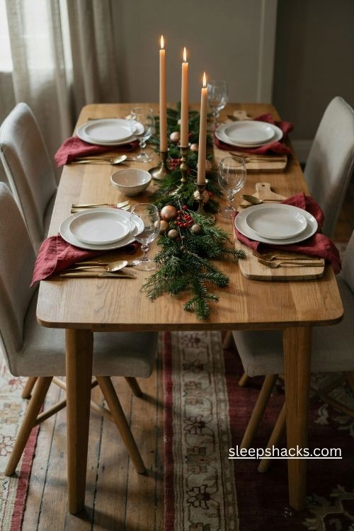 Elegant red christmas table settings with gold accents white plates and natural greenery