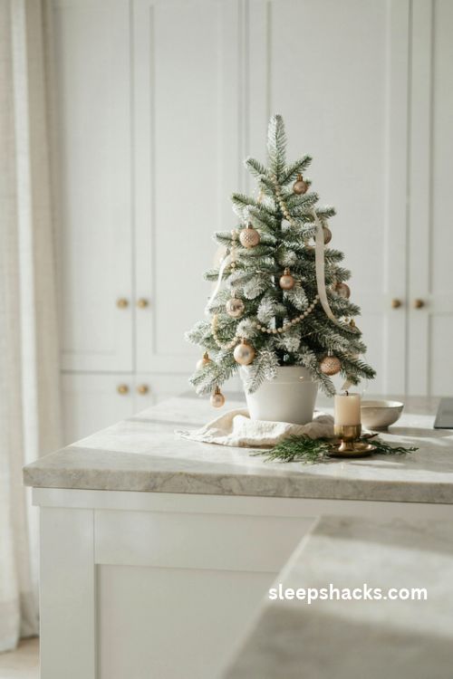 Elegant white and gold Christmas tree with pearl garland on a bright modern kitchen counter