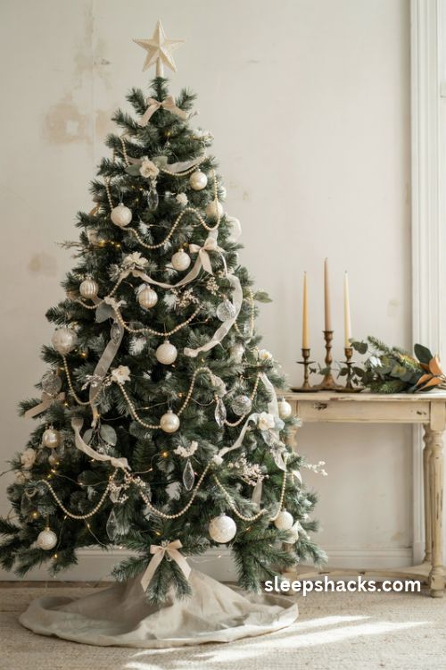 Elegant white christmas tree with creamy pearl garlands ivory satin ribbons and crystal drops